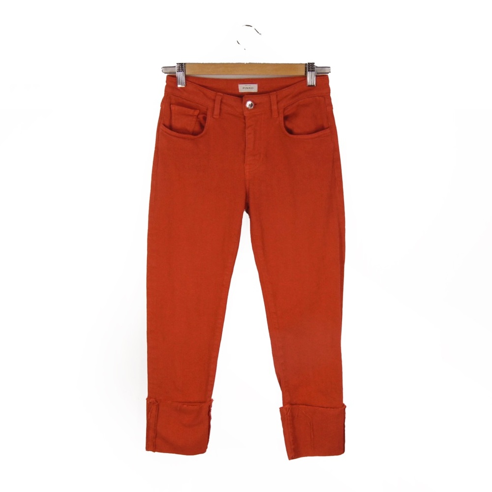 Pinko High Rise Red Ankle Thick Cuff Hem Denim Jeans